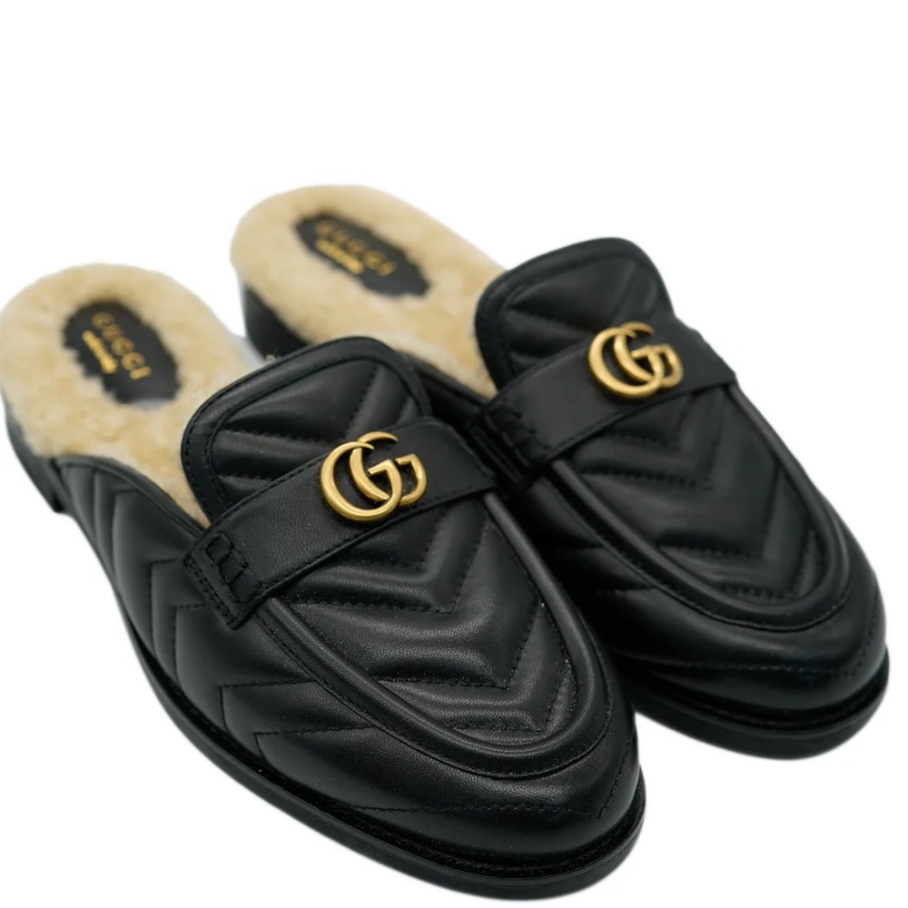 GUCCI Nadeline Chevron GG Black Mules Loafers Leather Fur Lining Shoes 37 6.5 7